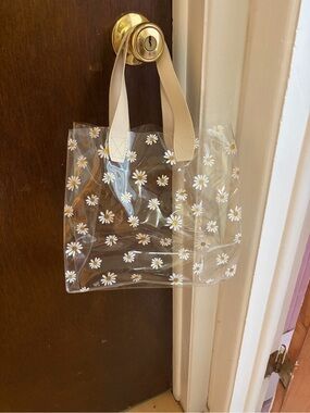 Clear Daisy Print Tote Bag with Beige Handles